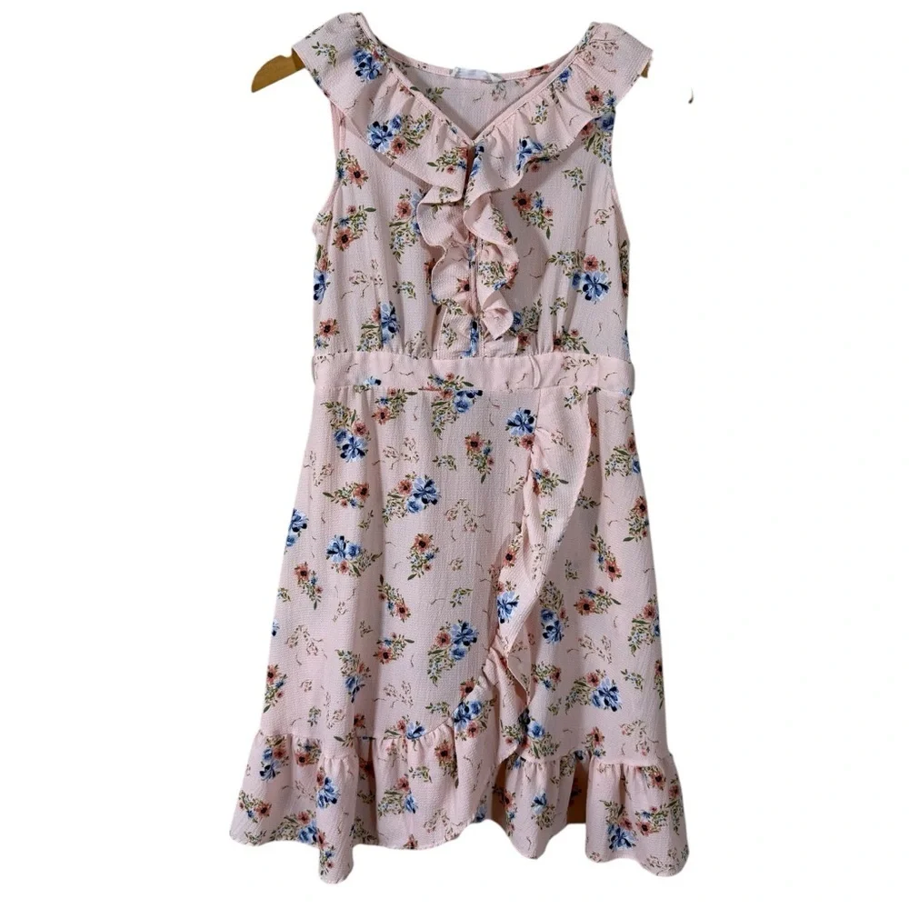 Knit Works Pink Floral Ruffled Boho Dress Girls XL 16